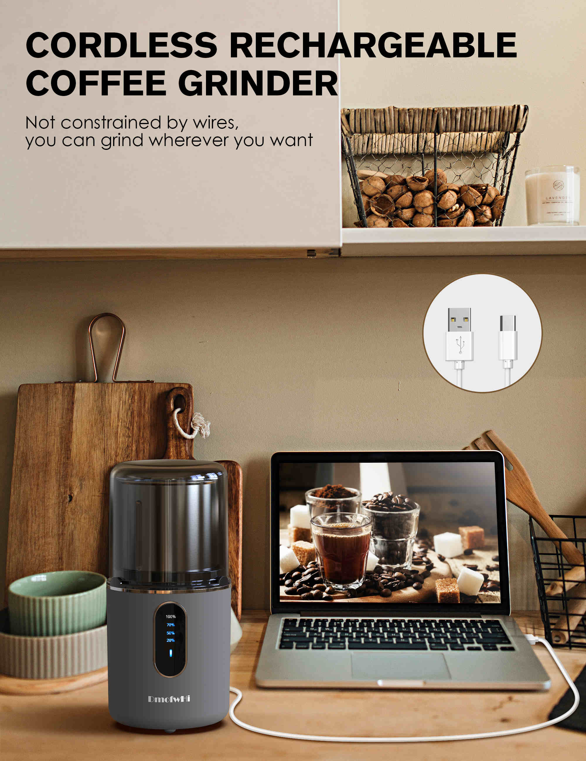 Cordless Coffee Grinder Electric, USB Rechargeable Coffee Bean Grinder with Removable Bowl, Size: 20